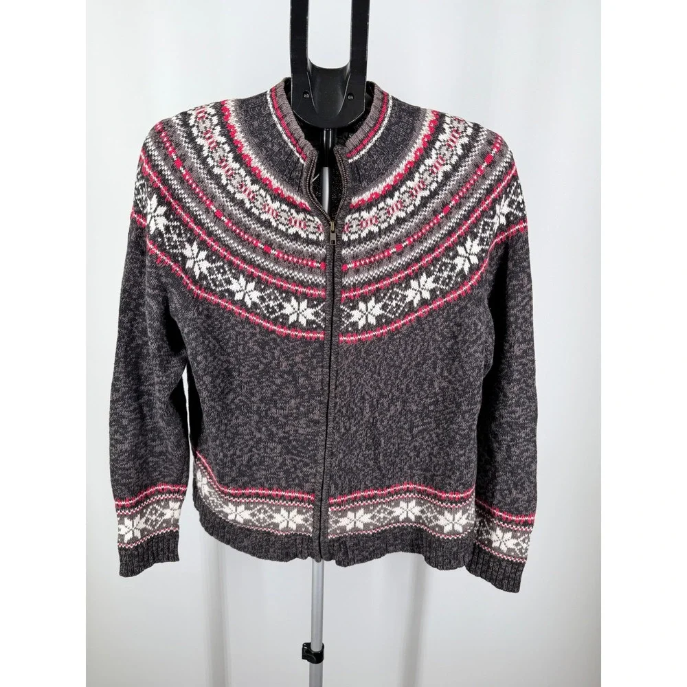 Heirloom Collectibles Womens Fair Isle Zip Cardigan Sweater Gray Red Snowflake L